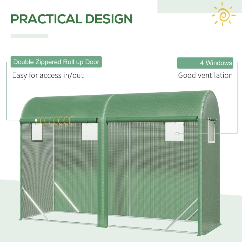 Outsunny 10' x 3' x 7' Walk-in Lean-to Greenhouse, Steel, 4 Zipper Roll-up Windows & 2 Doors, UV Protecting PE Cover, Green
