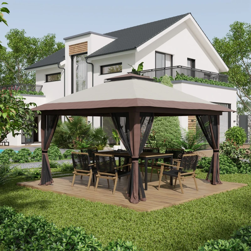 Outsunny 13' x 13' Pop Up Gazebo Instant Canopy Tent Shelter with 2-Tier Roof, Carry Bag, Wight Bags for Outdoor, Garden, Beige