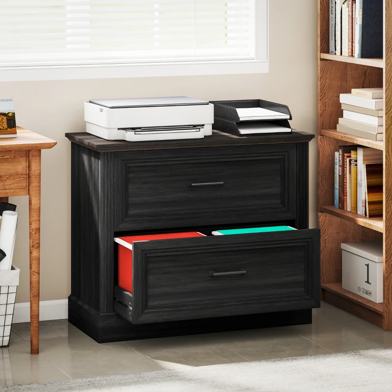 HOMCOM Lateral Filing Cabinet, Farmhouse File Cabinet with 2 Silent Drawers for Letter/A4/Legal Size Files, Black