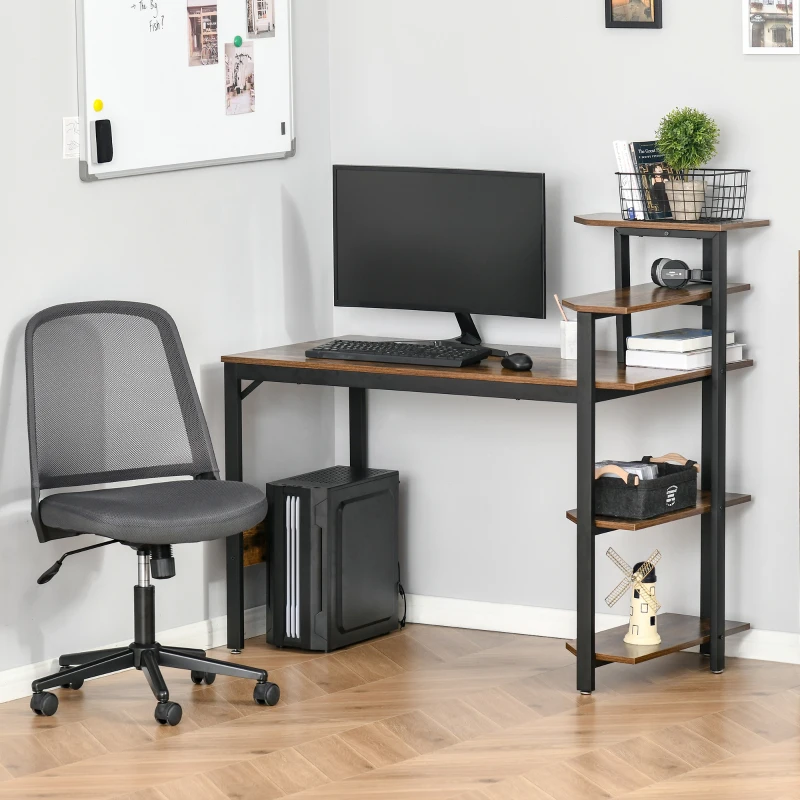 HOMCOM Compact Computer Desk with 4-Tier Open Bookshelf, Writing Table with Steel Frame for Home Office, Rustic Brown