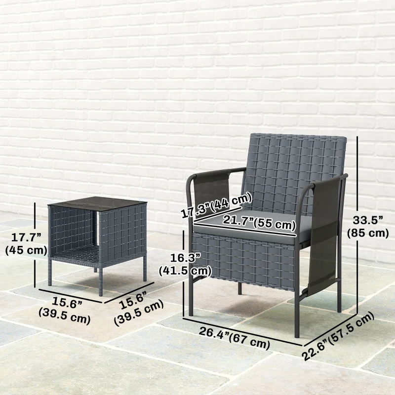 Outsunny 3 Piece Wicker Patio Furniture Set, Outdoor Bistro Set, Side Pockets, Mesh Seat, 2 Tier Glass Table, Cushions, Grey