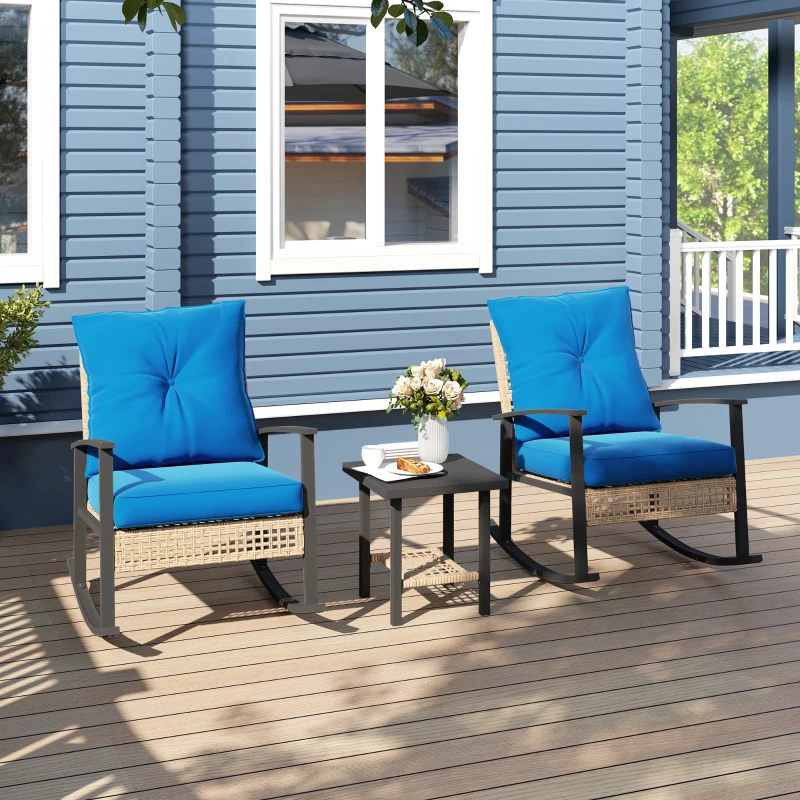 Outsunny 3 Pieces Bistro Set, Patio Wicker Furniture Set with Button Tufted Cushions, Rattan Rocking Chairs, Coffee Table, Blue