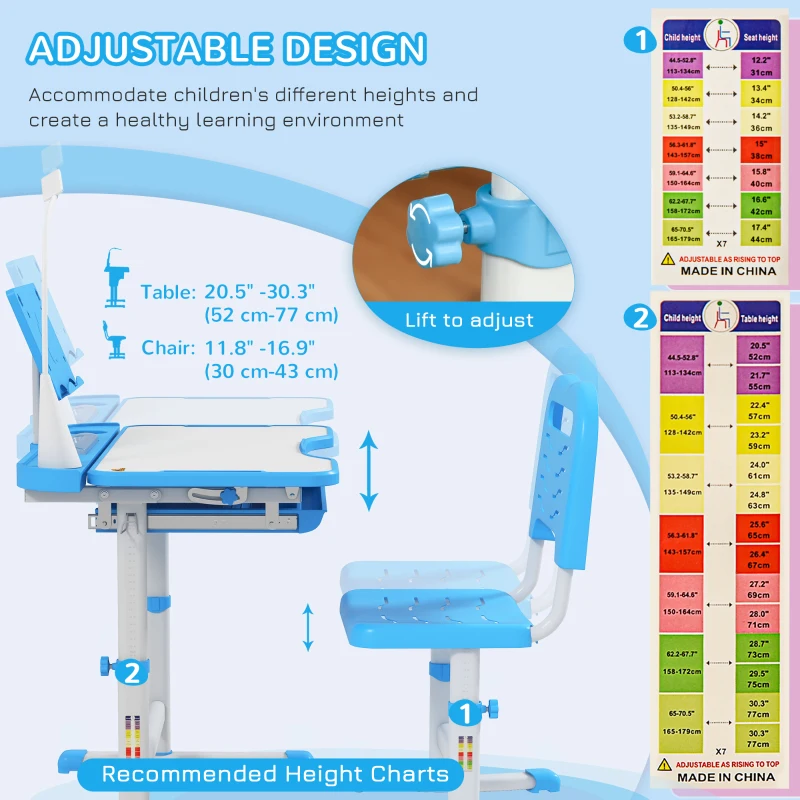Qaba Kids Desk and Chair Set Height Adjustable Student Writing Desk Children School Study Table with Tilt Desktop, Blue
