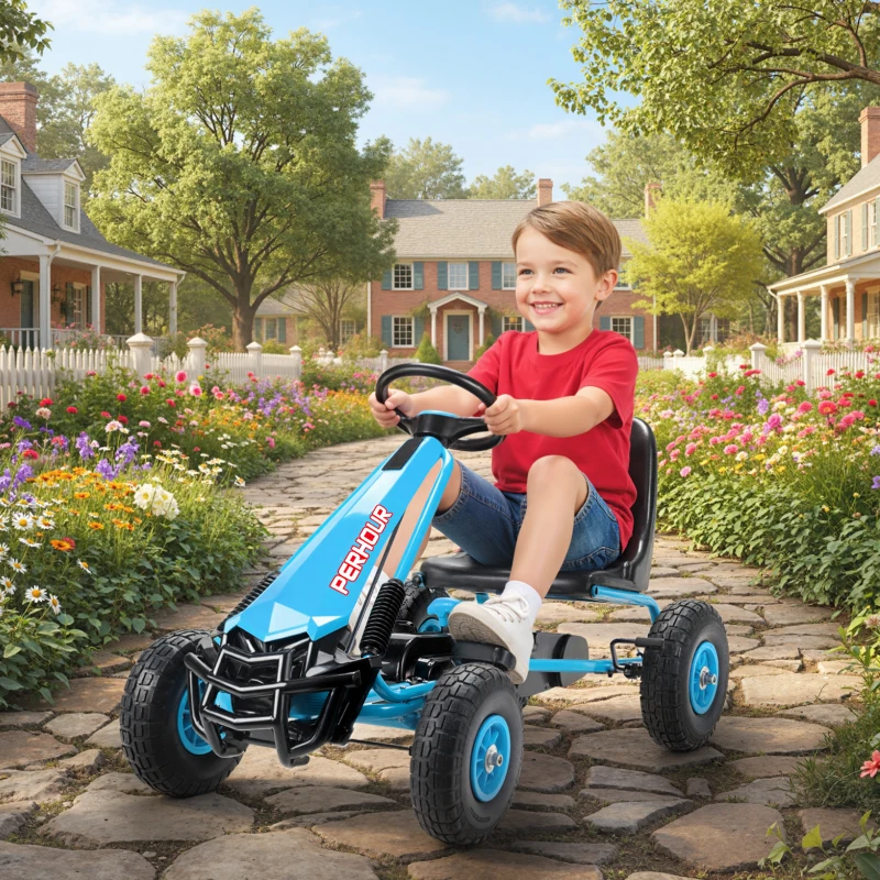 Qaba Kids Go Kart, Pedal Car with Adjustable Seat, EVA Wheels, Brake, for Boys & Girls Aged 3-8 Years Old, Blue