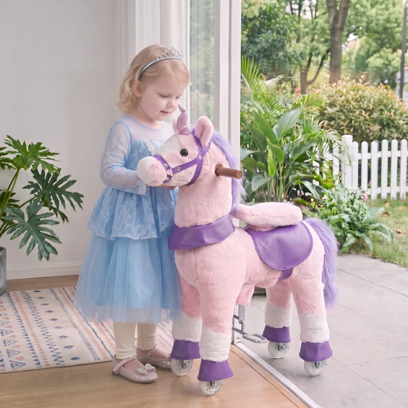 Qaba Ride on Horse for Kids 2+ Years, 29.5" Height Plush Ride On Pony Riding Horse with Rotatable Head and Sounds, Pink