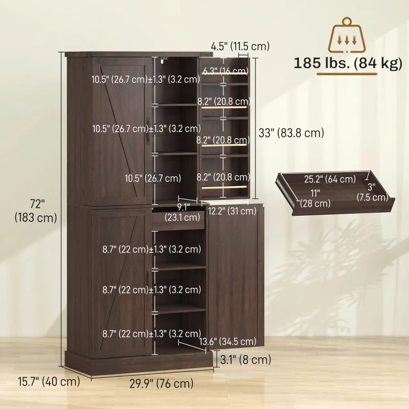 HOMCOM 72" Tall Kitchen Pantry Cabinet, Farmhouse Storage Cabinet with 8 Door Racks and Adjustable Shelves, Distressed Brown