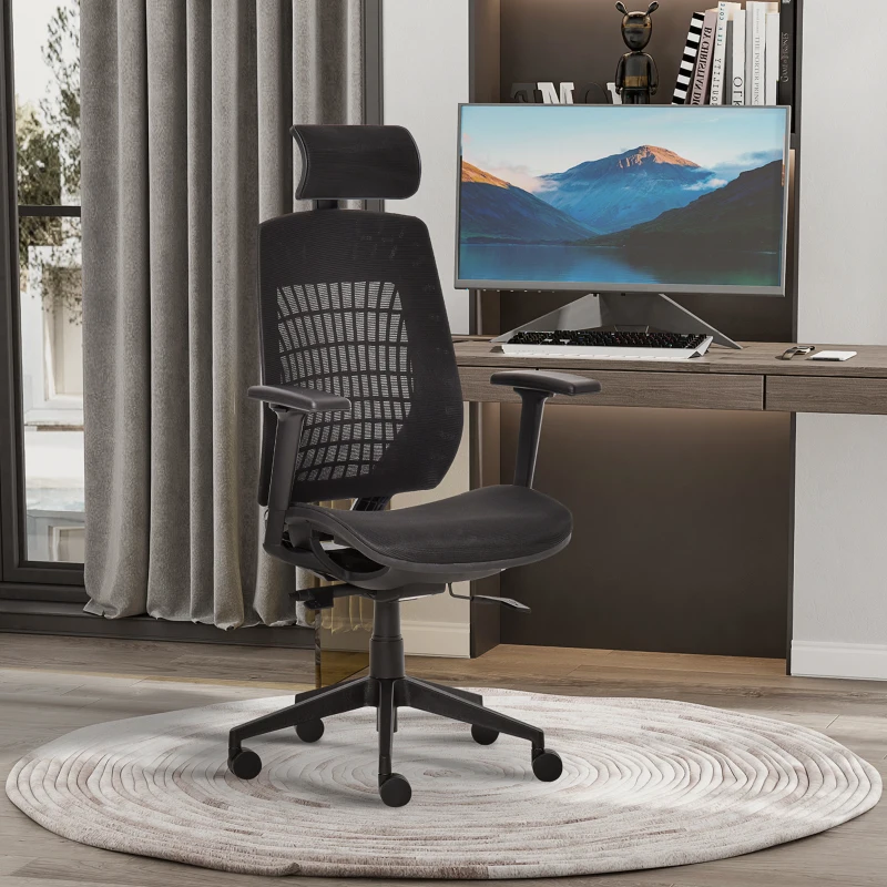 Vinsetto Ergonomic Mesh Office Chair, Reclining High Back Desk Chair with Adjustable Headrest & Armrests, Wheels, Swivel Computer Task and Gaming Chair, Black