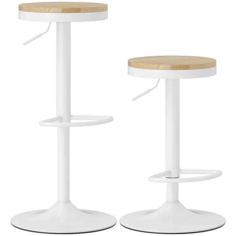HOMCOM Wood Barstools Set of 2, Swivel Bar Stools with Adjustable Height for Kitchen Counter, Natural Wood and White