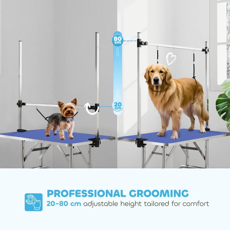 PawHut Adjustable Dog Grooming Table with 2 Safety Slings, Storage Basket, Blue