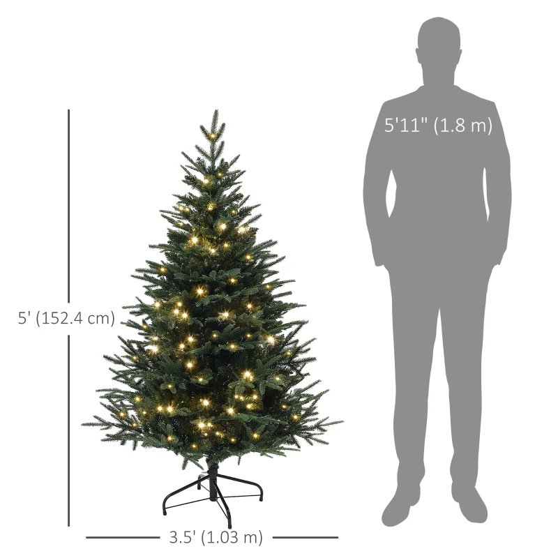 HOMCOM 5ft Prelit Artificial Christmas Tree with 542 Tips, Warm White LED Lights, Steel Base, Hinged Xmas Tree, Auto Open
