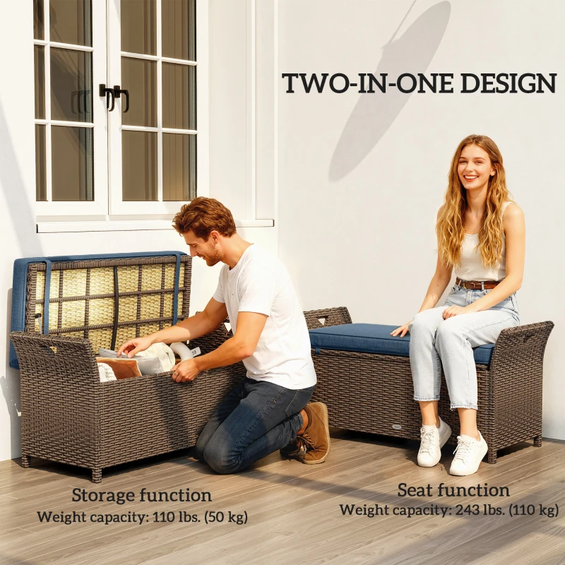Outsunny 2-In-1 Outdoor Storage Bench, 29 Gallon Wicker Deck Box with Handles and Cushion, Navy Blue