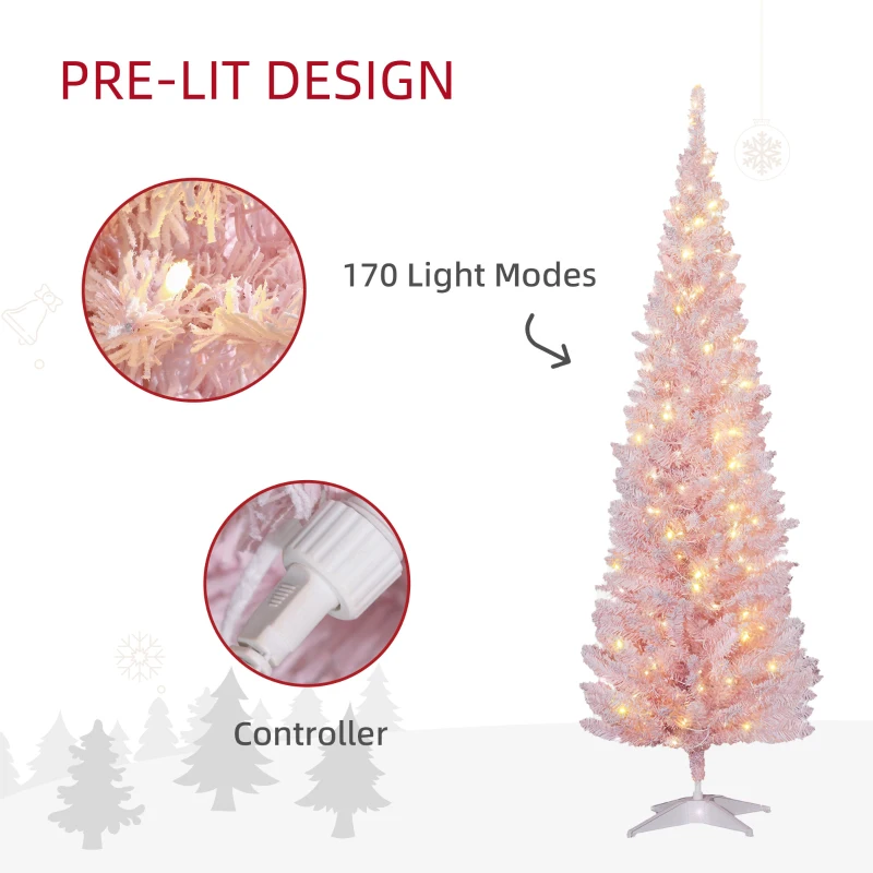 HOMCOM 6ft Pencil Christmas Tree, Slim Artificial Christmas Tree with Realistic Branches and Warm White LED Lights, Pink