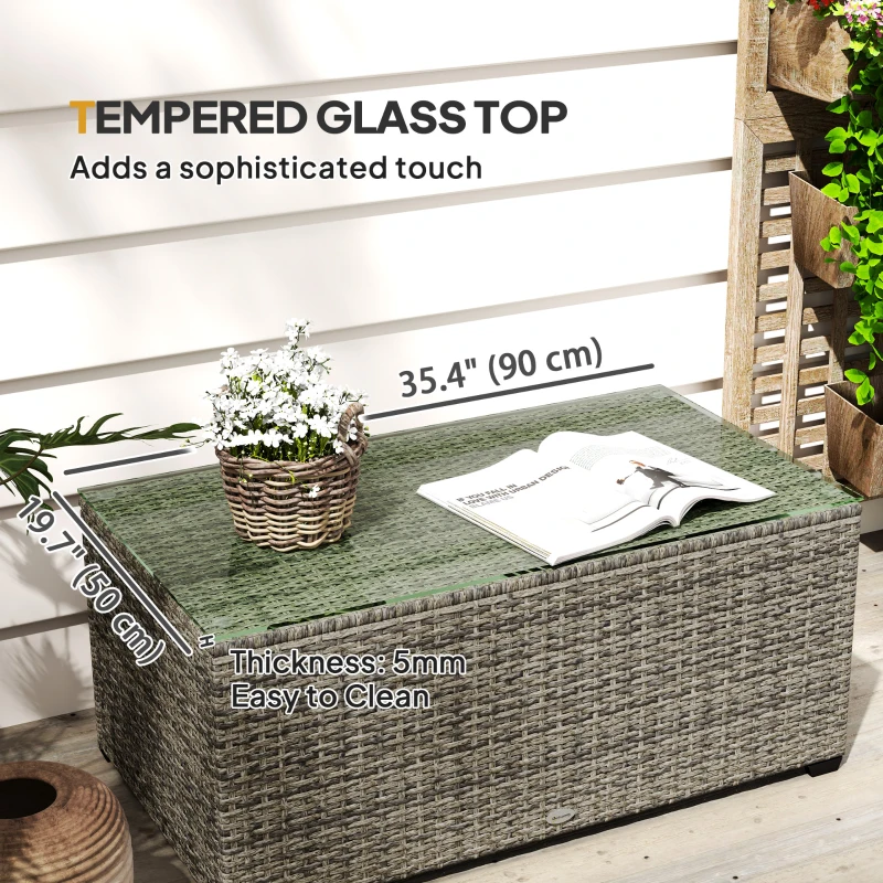 Outsunny Wicker Outdoor Coffee Table, PE Wicker Rectangular Patio Table with Tempered Glass Top for Garden, Balcony, Dark Grey