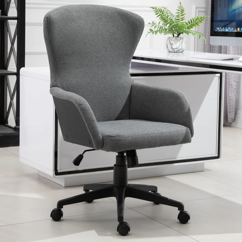 Vinsetto Swivel Office Chair Modern Linen Upholstered Home Computer Desk Task Chair with Cushioned Arm, Wheels, Adjustable Height, Grey