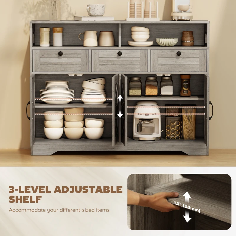 HOMCOM Sideboard, Buffet Cabinet with 4 Barn Doors and 3 Drawers, Coffee Bar Cabinet with Adjustable Shelves, Grey