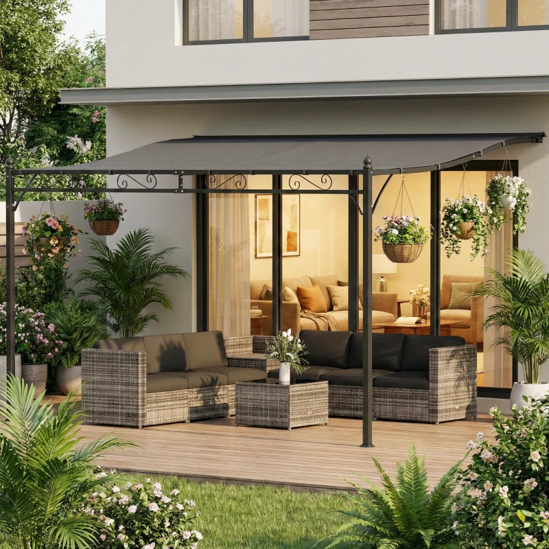 Outsunny 11.5' x 8.2' Outdoor Pergola, Wall Mounted Lean to Pergola with Metal Frame, UPF30+, Garden Gazebo