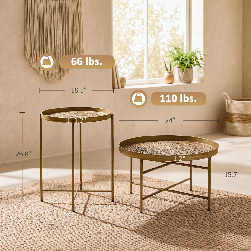 HOMCOM Coffee Table Set for Living Room, Round Center Table Set with Hammered Tray Top and Metal Frame for Bedroom, Gold