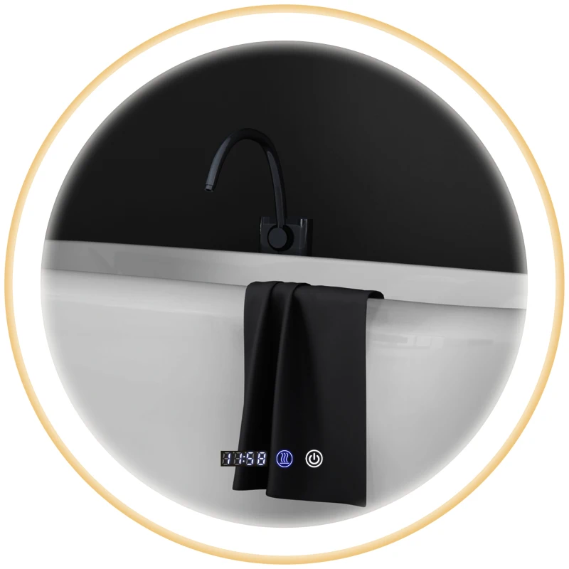 HOMCOM 28" Round Bathroom Mirror with LED Lights, Wall Mounted Vanity Mirror with Anti-Fog Pad, Time and Temp Display, Gold