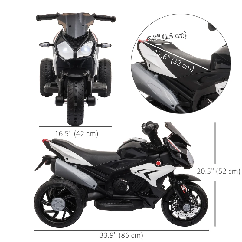 Qaba Kids Electric Motorcycle Ride-On Toy with 3 Wheels, Music, Horn, Lights, Black