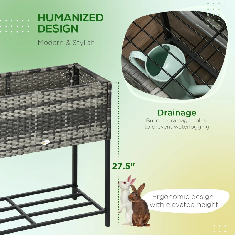 Outsunny Rattan Raised Garden Boxes, Elevated Flower Beds with Storage Shelf for Herbs, Flowers, Vegetables, Mixed Grey
