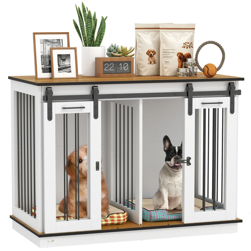 PawHut 47in Dog Crate Furniture with Divider Panel, Wooden Dog Kennel TV Stand for Large Breeds, Pet House Side Table for 2 Small Breeds with 2 Rooms Design, 2 Sliding Doors, White