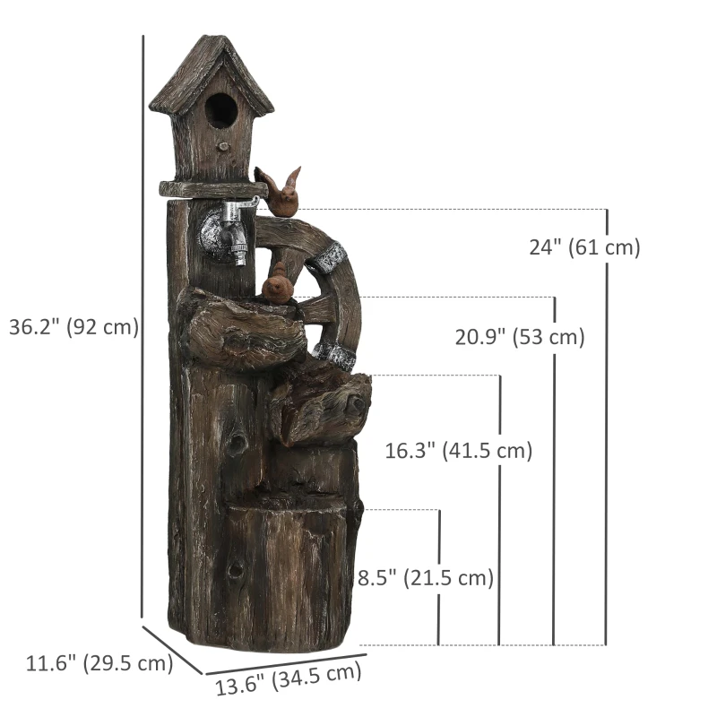 Outsunny 2-in-1 Outdoor Water Fountain with Birdhouse, Outdoor Waterfall, 13.6" L x 11.6" W x 36.2" H Mixed Colour