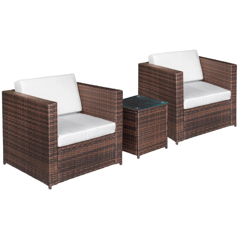 Outsunny Wicker Bistro Patio Set, 2 Porch Chairs & Glass Table, White