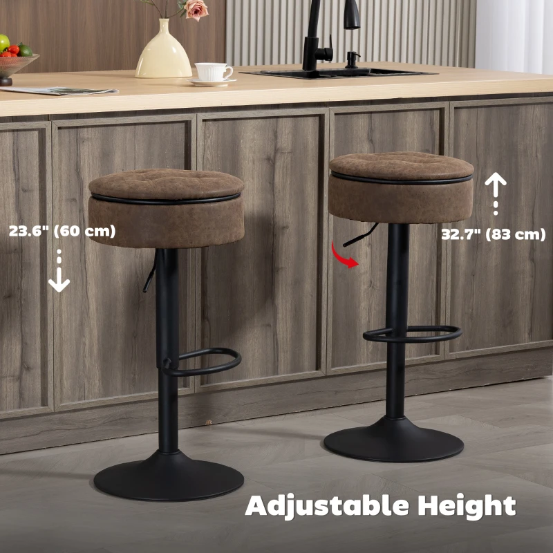 HOMCOM Set of 2 Barstools with Storage, Swivel Bar Stools with PU Leather Upholstered, Footrest, Steel Base, Brown