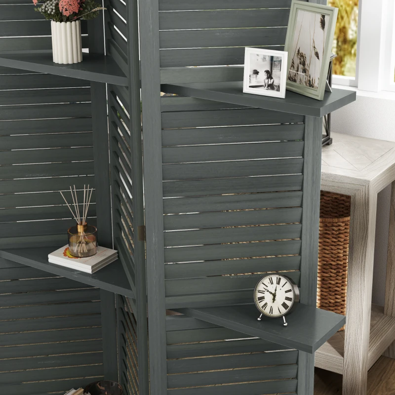 HOMCOM 5 Panel 67" Tall Wood Privacy Screen Room Divider with 3 Shelves and Folding Storage for Bedroom, Gray