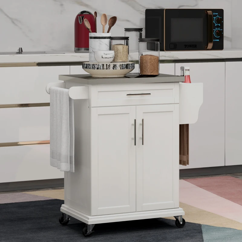 HOMCOM Kitchen Island with Wheels, Rolling Kitchen Island with Storage, Stainless Steel Countertop for Dining Room, Cream White