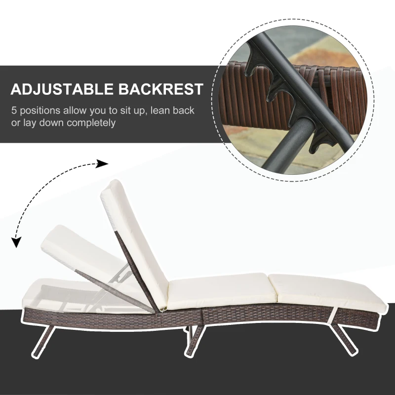 Outsunny Patio Chaise Lounge, Pool Chair with 5 Position Adjustable Backrest & Cushion, Outdoor PE Rattan Wicker Sun Tanning Seat, 28", Brown