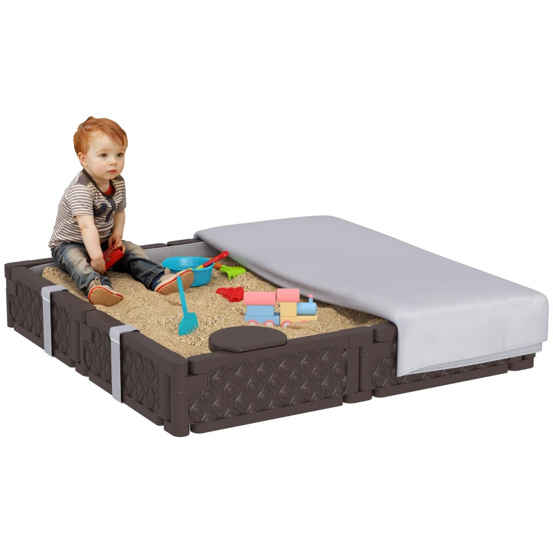 Qaba Kids Sandbox with Cover, 4 Corner Seats, Bottom Liner for Backyard, Garden, Outdoor, 47" x 47" x 9", Dark Brown