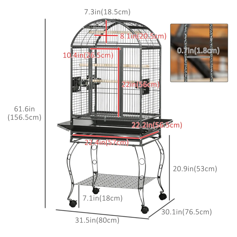 PawHut 66" Bird Cage Parrot Cage for Conures, Cockatiels, Parrotlet with Play Top, Rolling Stand, Pull Out Tray, Storage Shelf
