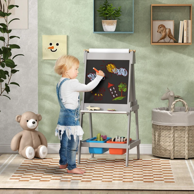Qaba Easel for Kids, Art Easel w/ Paper Roll, Double Sided Whiteboard & Chalkboard with 2 Storage Boxes