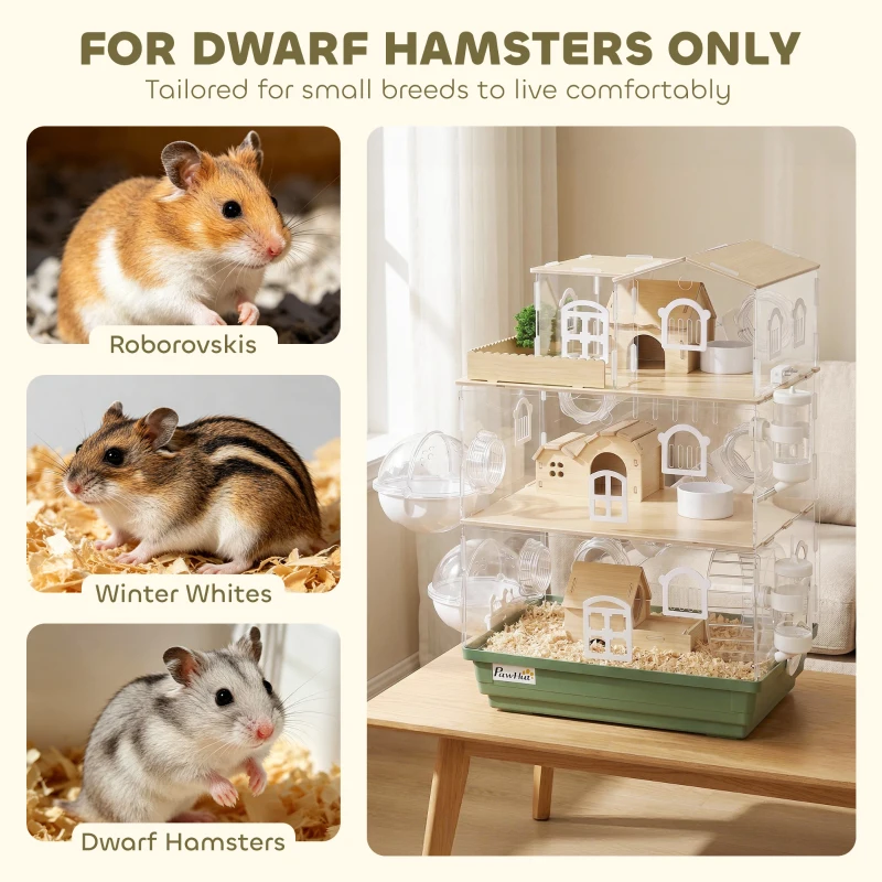 PawHut Large Hamster Cage, 3 Tiers Acrylic Hamster Habitat with Water Bottles, Running Wheel for Pet Mice, Dwarf Hamster