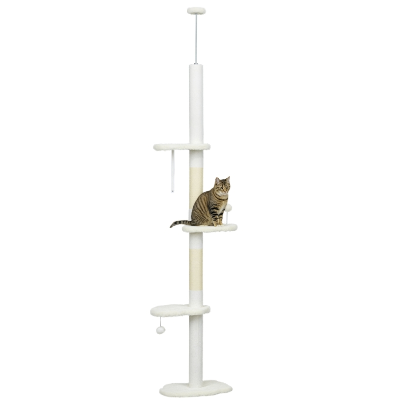 PawHut 88.5"-100.5" Floor to Ceiling Cat Tree, Cat Tower with Scratching Posts, Cloud Shaped Platforms, Dangling Balls, White