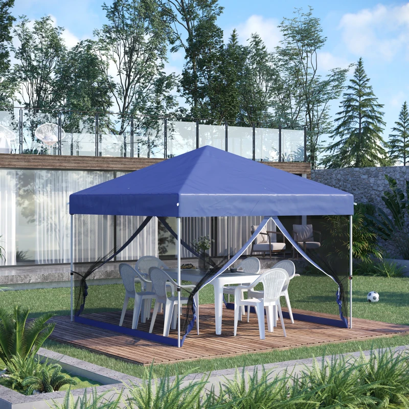 Outsunny 9.8' x 9.8' Pop Up Canopy Party Tent with 3-Level Adjustable Height, Easy Move Roller Bag, Blue