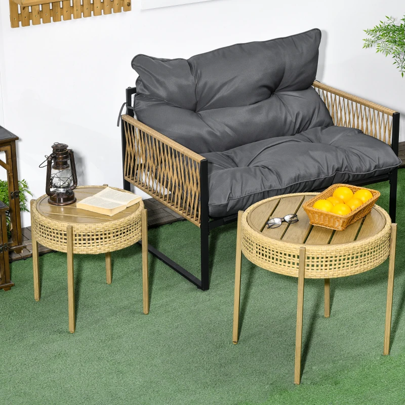 Outsunny Wicker Patio Table Set, Slatted Metal Top, Dia. 23.2"/19.3", Brown