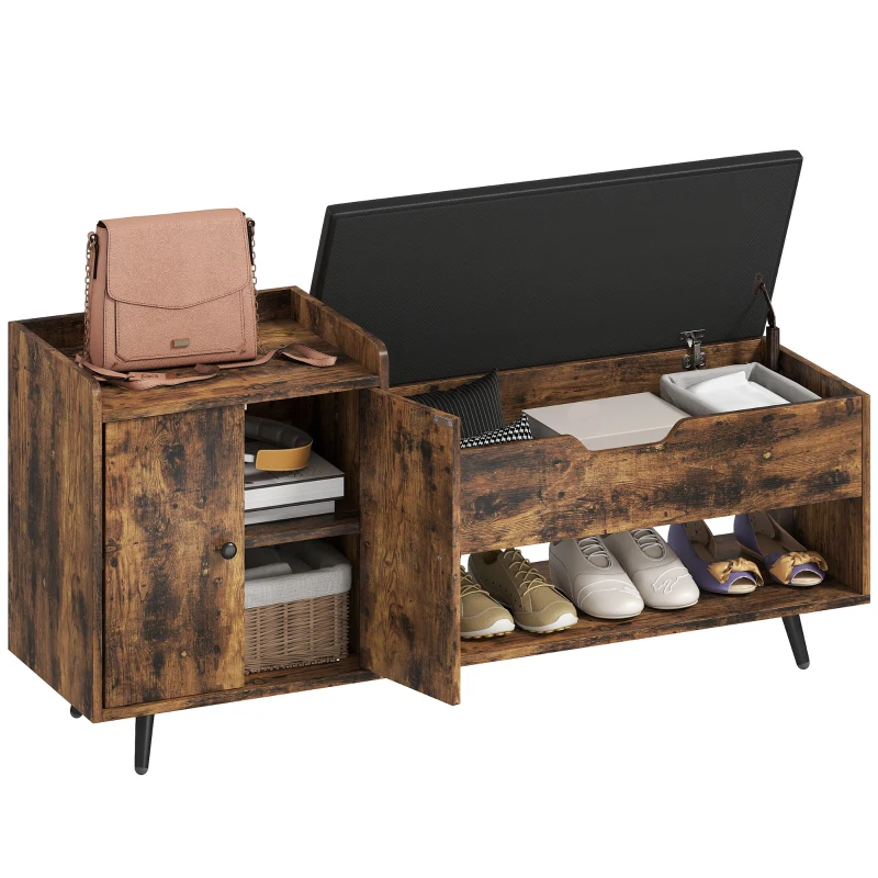 HOMCOM Storage Bench, Entryway Bench with Cushion, Hidden Storage, Compartments, Rustic Brown