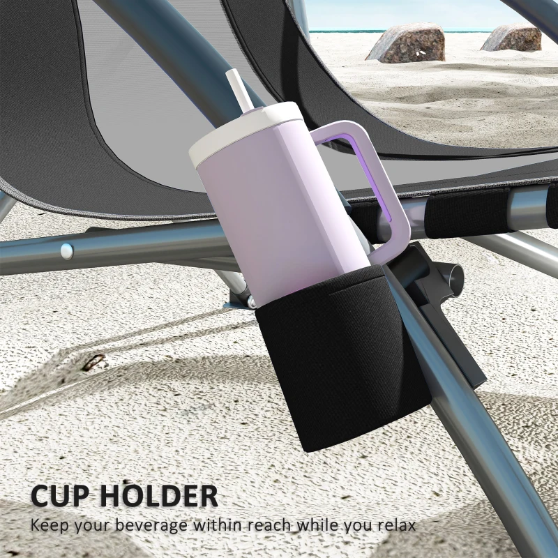 Outsunny Set of 2 Folding Beach Chairs with Mesh Back, Carry Bag and Cup Holder for Outdoor Camping Lawn Sports Picnic, Black