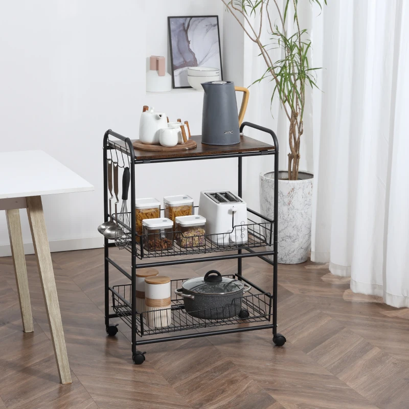 HOMCOM 3 Tier Kitchen Cart with Storage, Rolling Kitchen Island Cart with 2 Sliding Fruit Basket and Side Hooks for Dining Room, Rustic Brown