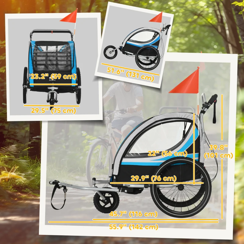 Aosom 3-in-1 Bike Trailer for Kids, Running Stroller with 2 Seats, Jogging Cart with 5-Point Harness, Storage Units, Blue