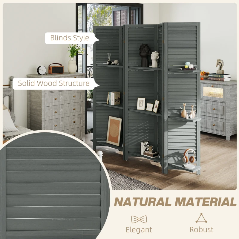 HOMCOM 5 Panel 67" Tall Wood Privacy Screen Room Divider with 3 Shelves and Folding Storage for Bedroom, Gray