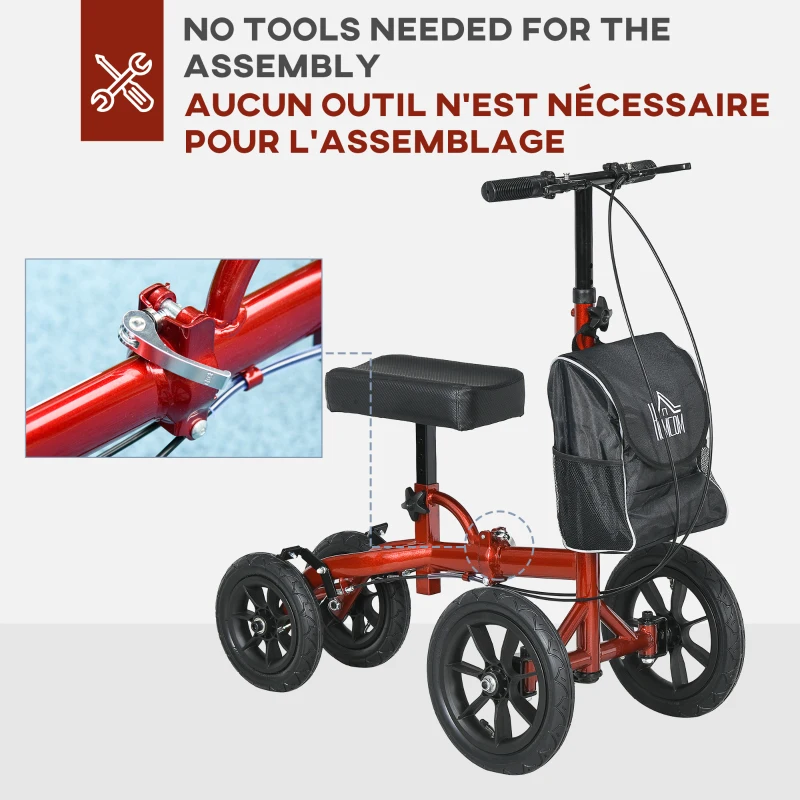 HOMCOM Adjustable Steerable Knee Walker, Foldable Knee Scooter with Rubber Wheels, Dual Brake, Crutch Alternative, Red