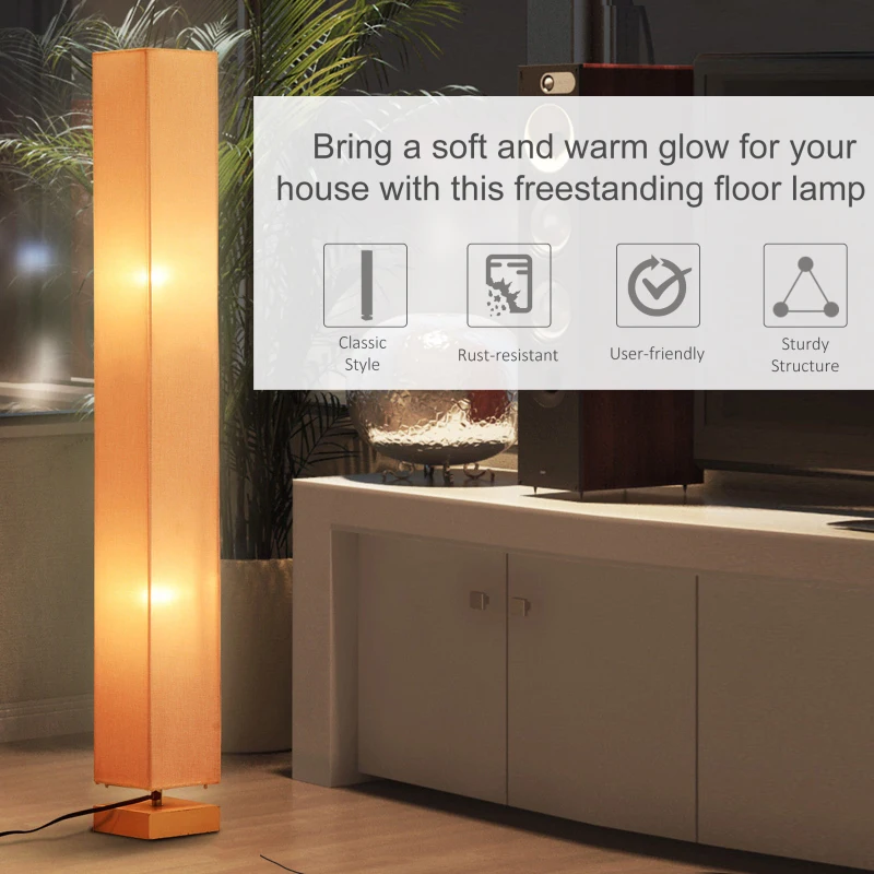 HOMCOM Modern Free Standing Rectangle Floor Lamp, 47 Inches Tall with Linen Shade for Living Room and Bedroom, Beige