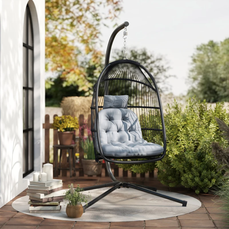 Outsunny Wicker Egg Swing Chair with Stand, Foldable Hanging Egg Chair with UV Resistant Cushion, Headrest, Dark Grey