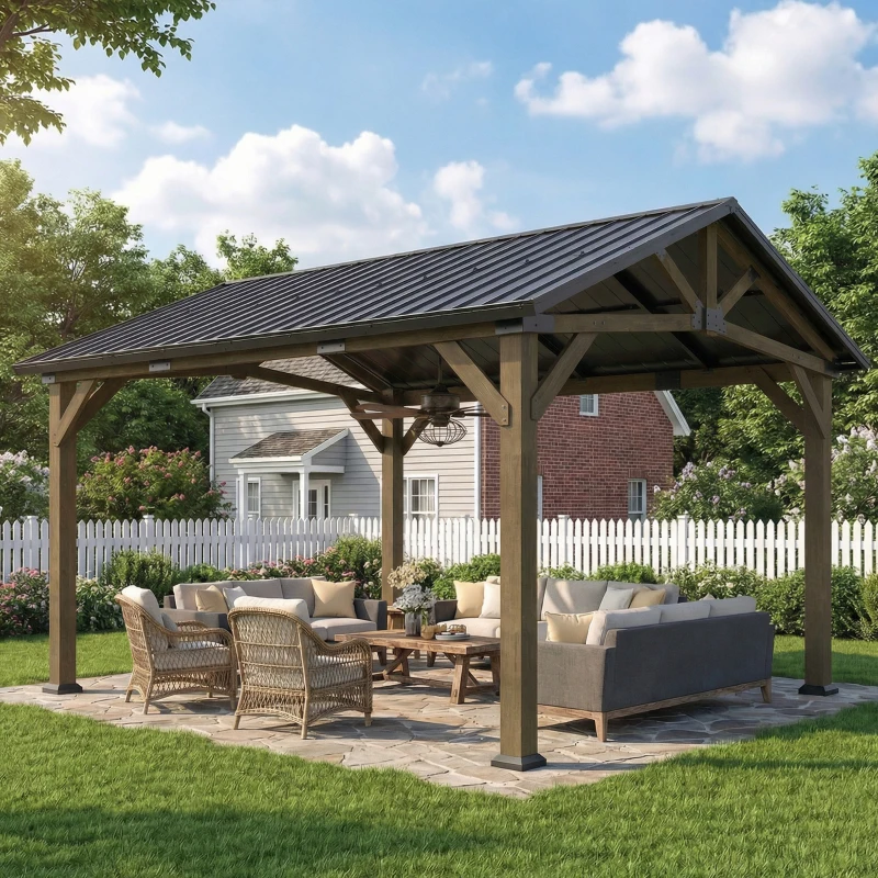 Outsunny 13' x 11' Hardtop Gazebo Canopy with Galvanised Metal Roof, Fir Wood Frame and Central Hook for Patio, Black Grey