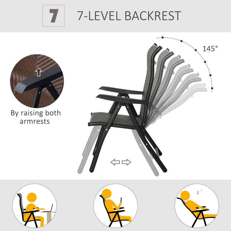 Outsunny Rattan Reclining Folding Chair Set of 2, Outdoor Wicker Portable Recliner with 7 Adjustable Backrest Position for Garden, Balcony, Patio, Brown