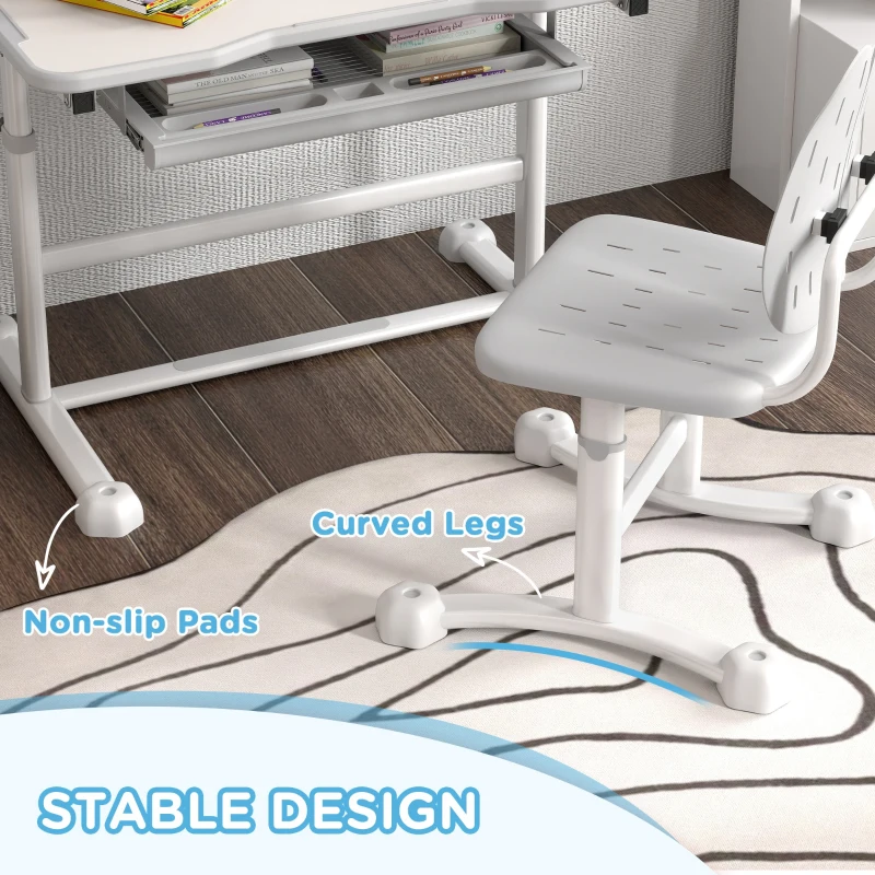 Qaba Height Adjustable Kids Desk and Chair Set with Tilt Desktop, Large Writing Board, Storage Drawer, Book Stand, Grey