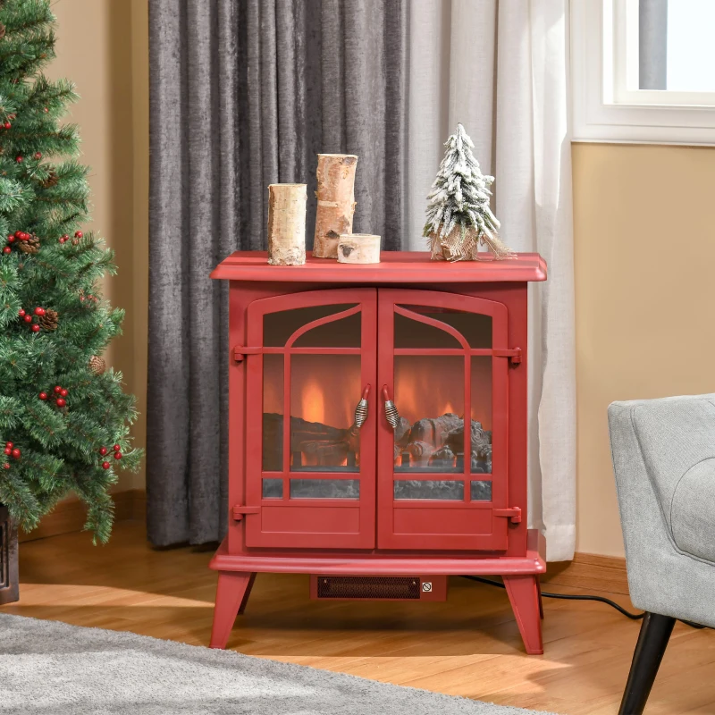 HOMCOM Electric Fireplace Heater, Freestanding Fireplace Stove with Realistic LED Log Flames and Overheating Safety Protection, 1400W, Red